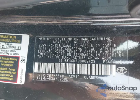 2009 Toyota Camry Le из США, поврежденный, VIN 4T1BE46K79U808423